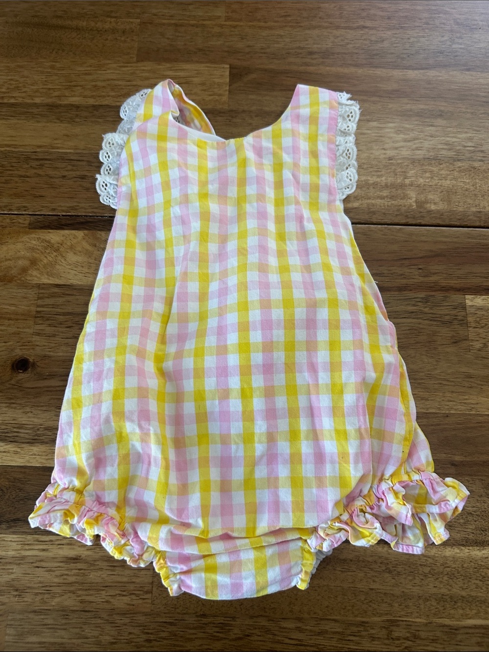 Yellow & Pink Gingham Baby Romper with Lace Trim